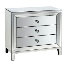 a mirrored chest with three drawers on one side and two knobs on the other