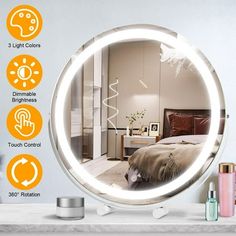 an image of a round mirror with lights on the side and various things around it