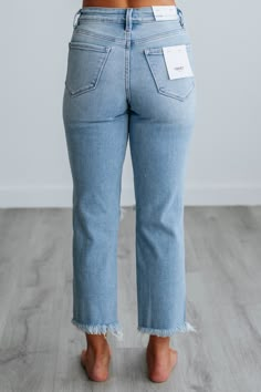 Details: Victoria Vervet Jeans High Rise Intentional Distressing Straight Leg Raw Edge Frayed Hems Zip Fly Button Closure Cropped Length Good Stretch Available in Light Wash Rise: 10" Inseam: 25" Leg Opening: 15" Material: 93% Cotton, 5% Polyester, and 2% Spandex We are recommending true to size! *Victoria is the fit of the jeans. Victoria jeans may differ in wash/look/distressing Straight Leg Jeans Outfit, Vervet Jeans, Ideal Wardrobe, Comfy Sandals, Stylish Sandals, Stylish Boots, Jeans For Short Women, Pinterest Closet, Family Moments