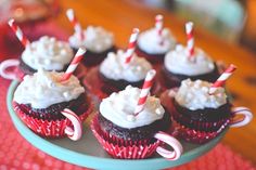 cupcakes with white frosting and candy canes are on a blue plate