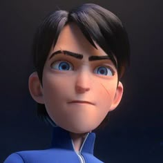 an animated character with blue eyes and black hair