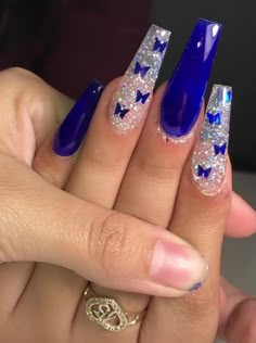 Royal Blue Nails Designs Coffin Glitter, Royal Blue Acrylic Nails With Silver, Royal Blue Quinceanera Nails Short, Royal Blue And Silver Quinceanera Nails, Acrylic Nails For Blue Dress, Acrylic Nail Designs Coffin Blue, Blue Nail Designs For Prom, Royal Blue Quince Nail Ideas, Silver And Royal Blue Nails Prom