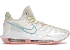 the nike air max hyper fly is in white and light blue with pink accents on the sole