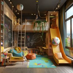 a child's bedroom with a slide and play area