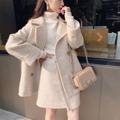 Womens Faux Wool Office Lady Style Jacket and Skirt Set Rock Outfit, Inspired Outfits, Teen Fashion Outfits, Wool Jacket, Asian Fashion