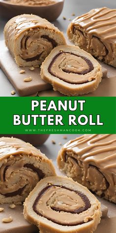 peanut butter roll cut in half and stacked on top of each other with chocolate frosting