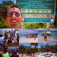 a collage of photos with people on the beach and in front of a sign