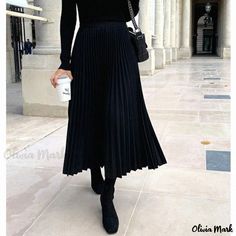 Olivia Mark - Solid Color Pleated Midi Skirt - Stylish High Waisted A-line Skirt Brown Outfit, Half Skirt, Long Sleeve Sequin, Irregular Hem, Pleated Midi Skirt, Types Of Skirts, Olivia Mark, A Line Skirt, A Line Skirts