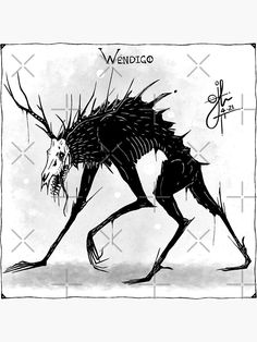 a black and white drawing of a weird creature with long legs, claws and sharp teeth