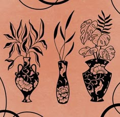 two vases with plants in them are on a pink background and black swirls