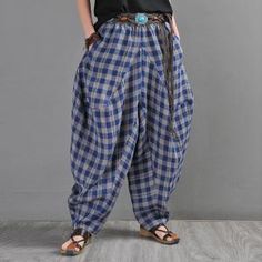 Kappa Pants, Striped Harem Pants, Linen Harem Pants, Colour Blocking Fashion, Blue Grid, Elephant Pants, Pants Linen, Drop Crotch Pants, Balloon Pants