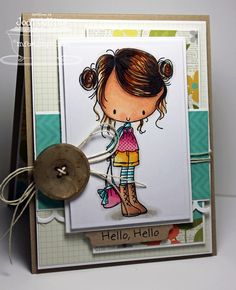 a close up of a card with a button on the bottom and a girl holding a purse