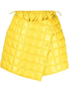 yellow feather down quilted finish padded design front press-stud fastening drawstring fastening waist asymmetric design above-knee length Extravagant Clothes, World Of Wearable Art, Prada Skirt, Artist Girl, Yellow Mini Skirt, Quilted Skirt, Yellow Quilts, Shiny Jacket, Asymmetric Skirt