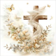 the cross is surrounded by flowers and butterflies on a white background with watercolor effect