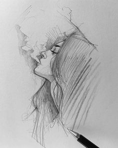 a pencil drawing of a woman's face with her eyes closed and head tilted to the side