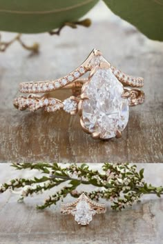 two different views of an engagement ring and wedding band, with leaves in the background