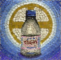 a bottle that is sitting on some kind of mosaic tile wallpaper with it's name in the bottom right corner