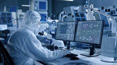 two people in white lab coats are working on computer screens and looking at the screen