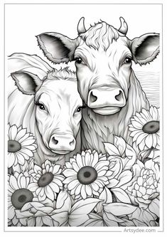 two cows standing next to each other with sunflowers