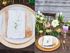 the table is set with plates, napkins and flowers