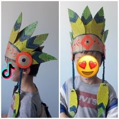 two pictures of a young boy wearing a paper headdress