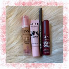 This Is A Bundle Of Four Brand New Nyx Professional Makeup Products: The Marshmellow Primer, .27 Oz. Bare With Me Concealer Serum, Beige, .32 Oz. Smooth Whip Matte Lip Cream, Velvet Robe, .13 Oz. Suede Matte Lip Liner, Cherry Skies, .03 Oz. Marshmellow Primer, Bare With Me Concealer Serum, Essential Makeup Brushes, Nyx Lipstick Matte, Vibrant Makeup, Revlon Makeup, Makeup Bag Essentials, Makeup Is Life, Swag Makeup