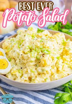 the best ever potato salad in a bowl with an egg on top