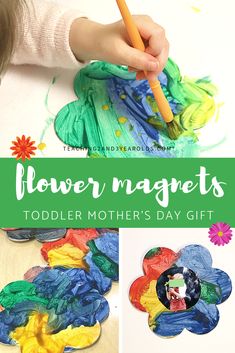 toddler's mother's day gift idea for flower magnets with text overlay