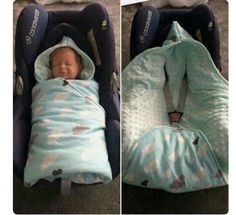 a baby sleeping in a car seat with a blanket on it's back and another photo of the infant