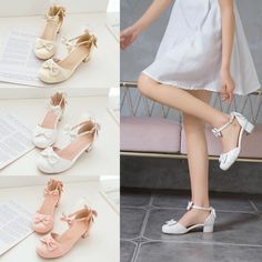 Mid Heels Sandals, Club Office, White Sandals Heels, Mid Heel Sandals, Double Bow, Low Heel Shoes, Career Dress, Heels Sandals, Fashion Korean