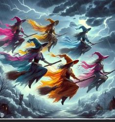 a group of witches flying through the sky