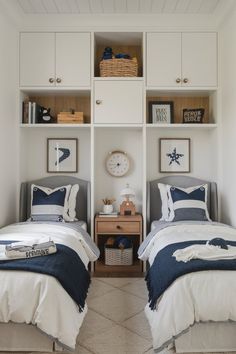 two twin beds in a bedroom with white walls