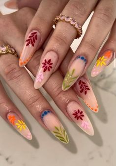 Long Almond Acrylic Nails Green, Peru Inspired Nails, Simple 70s Nails, Colorful Evil Eye Nails, Nails For Trip To Mexico, Spring Flower Nails 2024, Mexican Nail Designs Ideas, Creative Nail Sets, Botanical Nails Designs