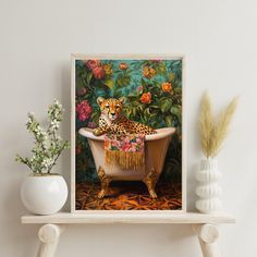 Looking to add a touch of whimsy and charm to your bathroom decor? Look no further than our Majestic and Elegant Cheetah in Tub Printable Wall Art! This unique and absolutely adorable art print features a delightful Big Cat taking a relaxing bath in a tub, creating a playful and delightful ambiance in any space. Perfect for animal lovers and those who appreciate quirky decor, this stunning digital download can be easily printed and framed, instantly transforming your bathroom into a whimsical sa Cat Taking A Bath, Jungle Bathroom, Wall Art Big, Taking A Bath, Quirky Decor, Decoration Originale, Jungle Theme, Relaxing Bath, Big Cat