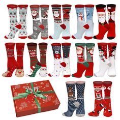 twelve pairs of christmas socks with santa claus and snowmen