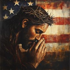 a painting of jesus with his hands clasped in front of an american flag and stars