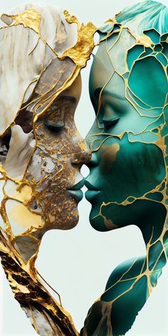 two people are kissing each other with their faces covered in gold and green leaves on them