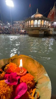 a bowl filled with flowers sitting on top of a body of water