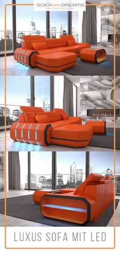 an orange couch sitting in front of a window