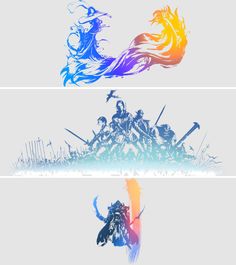 three different colored silhouettes of people with swords in their hands, one on top of the