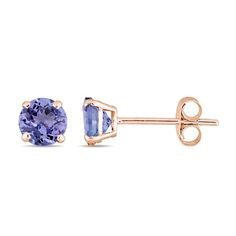 Pique her interest with these gemstone stud earrings. Crafted in 14K rose gold, each vivid earring features a 5.0mm violet-purple tanzanite solitaire. Buffed to a brilliant luster, these post earrings secure comfortably with friction backs. Tanzanite Studs, Rose Gold Earrings Studs, Tanzanite Earrings, Rose Gold Studs, Peoples Jewellers, Solitaire Studs, Gemstone Stud Earrings, Tanzanite Gemstone, Gemstone Studs