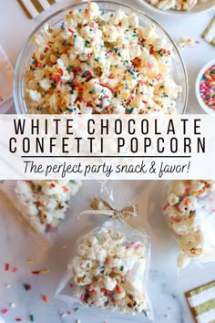 white chocolate confetti popcorn with sprinkles on top and the title overlay reads, white chocolate confetti popcorn the perfect party snack & flavor