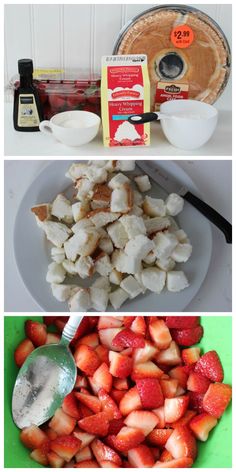 the ingredients to make strawberry shortcakes are shown in three different pictures, including strawberries and cream cheese