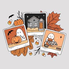 three halloween pictures with pumpkins, ghost and house in the background on a gray background