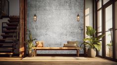 a living room with a couch and some potted plants in front of the stairs