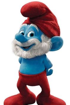 the smurf is wearing a red hat and blue pants with white beards