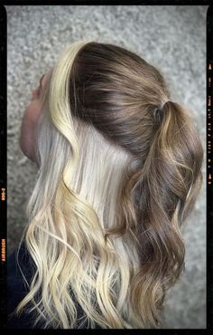 Underdye Hair Blonde And Brown, Hair Ideas Colored Dyed Under, Hair Peekaboo Color Blonde, Light Brown Under Dye, Light Brown Hair With Peekaboo Blonde, Brown And Blonde Half And Half, Blonde Hair With White Underneath, Underside Hair Dye Blonde, Peekaboo Hair Color On Wavy Hair