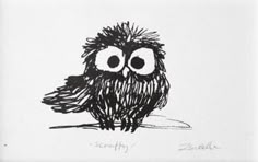 a black and white drawing of an owl sitting on the ground with its eyes wide open