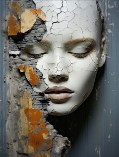 a woman's face is shown through the cracked paint