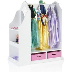 a white toy closet with clothes and toys on it's shelves, against a white background